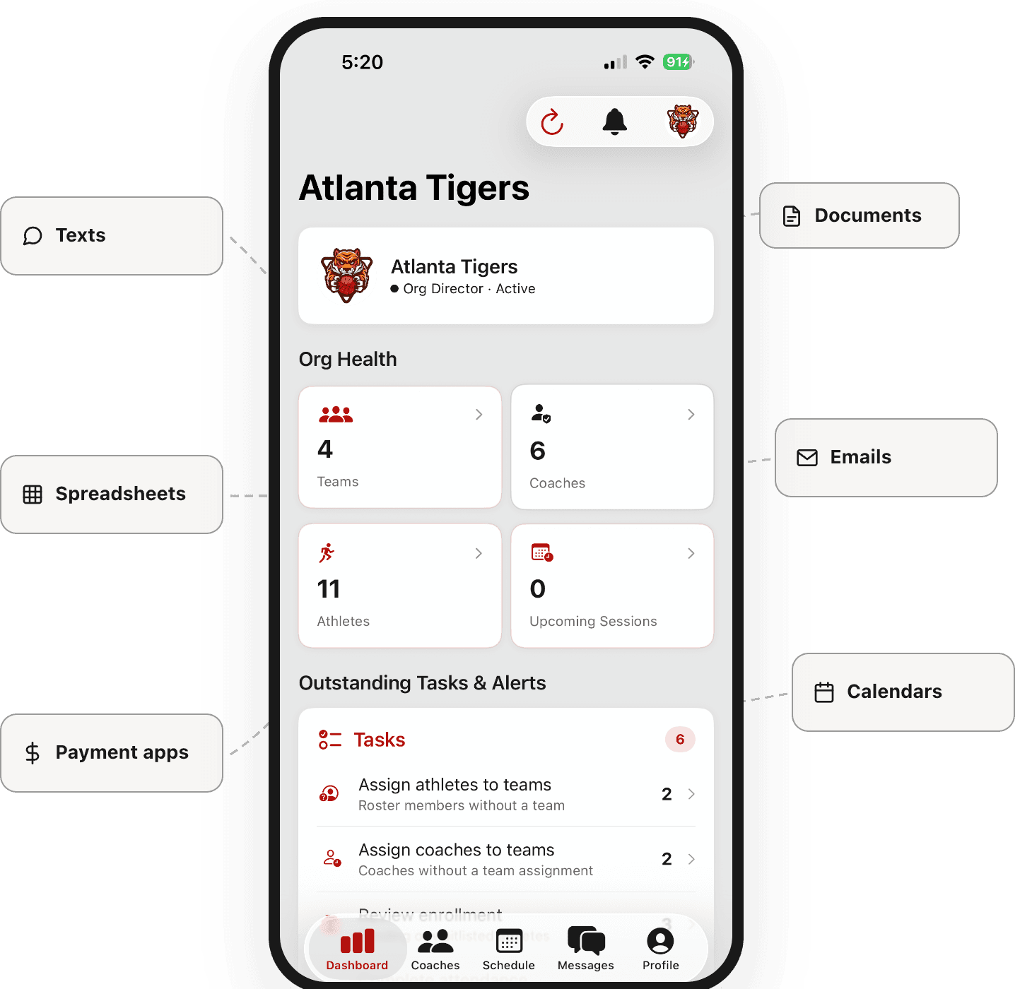 Texts, spreadsheets, payment apps, email, calendars, and documents connected through the Coaches Hive organization dashboard
